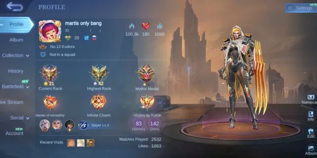 ⚜️ COLLECTOR NATALIA 🐱 MEOWKIN JULIAN & LESLEY 🏜️ GAARA VALE 🔰 2 LIGHTBORN 💠 21 EPIC SKIN, Продажа, Ранг: Мифический, Уровень: 39, Процент побед: 53%, Герои: 83, Облики: 142