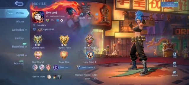ML# 1721 TLPH Recall KOF Aurora Karina LUCKYBOX Guinevere EPIC Lunox Nana Change emblem Max close, Продажа, Ранг: Мифический, Уровень: 35, Процент побед: 56%, Герои: 91, Облики: 159