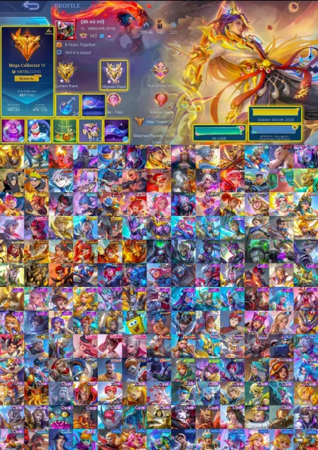 14x collabs. 7x collectors. 2x legends. Aldous m1, Продажа, Ранг: Мифический, Уровень: 143, Процент побед: 52%, Герои: 133, Облики: 481