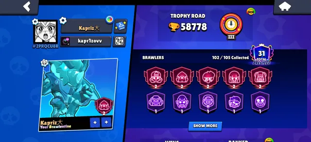 👑🎀Донатный и олдовый аккаунт Brawl Stars олд скины с 2019 года!🎀👑, 58000 кубков, 102 бравлеров, 31 праймов