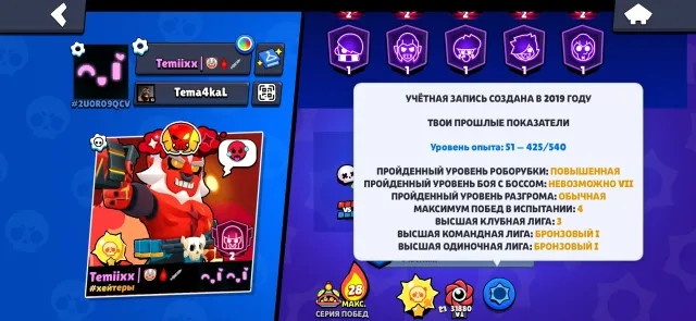 Account 19 years old, two legendaries, 79000 trophies, 107 brawlers, 55 primes