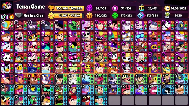 🏆107000🏆⚔️74x11 POWER⚔️🌊SQUIDWORTIS🌊🎀MOTRA EVA🎀⚡ANTIVIRUS 8-BIT⚡🩸HELLISH FANG🩸⭐OLLI JAKE⭐, 107944 trophies, 106 brawlers, 94 primes