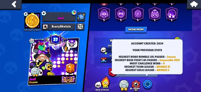 🏆61620🏆【🎴 104 FIGHTER(13 LEG+KAJE+SIRIUS) 🎴】【⚡40-11 POWER (27 HYPER)⚡】【😎 DON ACC 2024😎】【👑TOP SKINS👑】, trophies 61620, brawlers 104, primes 37