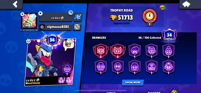 🔥SELLING ACCOUNT IN BRAWL STARS 51K CUPS👊❤️, 51713 cups, 98 brawlers, 34 primes