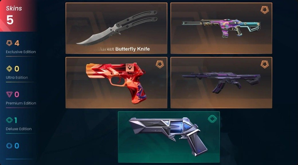 EX.O Vandal, Glitchpop Phantom, VCT25 SEN Classic, Black Market Butterfly, Sale, Ranked unlocked, Agents: 19, Skins: 5