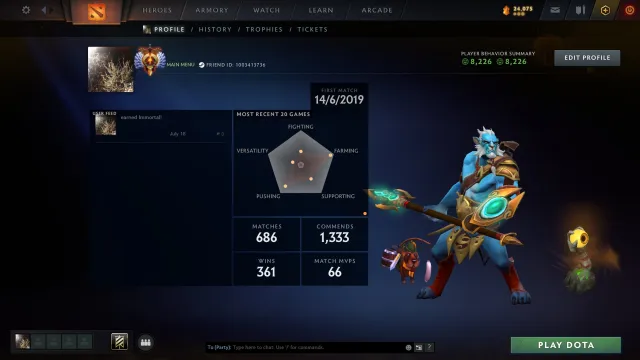 🔥 IMMORTAL 🔥 MAIN PULL 🔥 JUGGERNAUT ARCANE 💥 PUDGE PERSONA 💥 1 MONTH DOTA PLUS 💥 OLD ACCOUNT, Sale, 5626 MMR, 8226 Behavior score, 8226 вежливости, 686 games, 669 hours