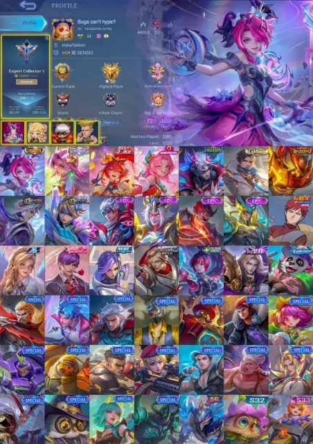 Akai po/ legend alucard/ kof and coll dyroth, Sale, Rank: Mythic, Level: 60, Winrate: 50%, Heroes: 120, Skins: 110