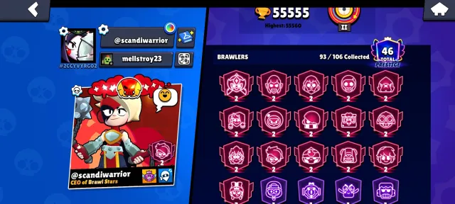 ACCOUNT FOR RANKED, MANY SECOND PRIMES, GOOD LEVELING, 55555 trophies, 93 brawlers, 46 primes