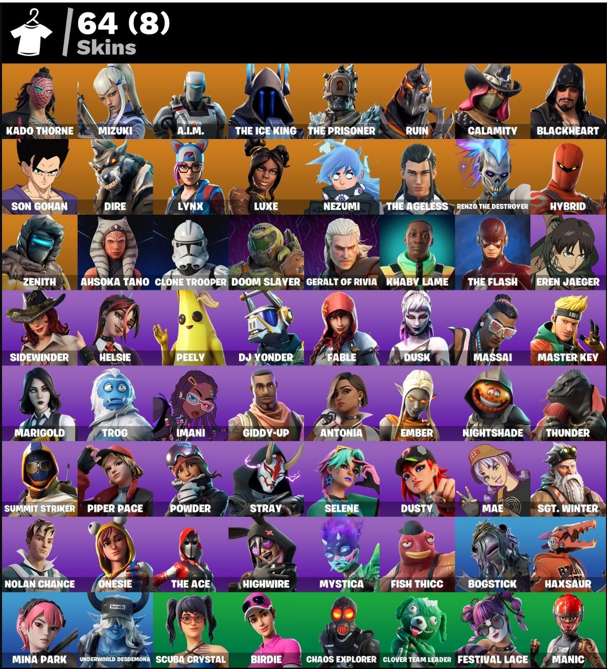 Blackheart|The Ageless|Zenith|Kado Thorne|Hybri|Lynx|A.I.M.|Calamity|Nezumi|Son Gohan, Sale, skins 64