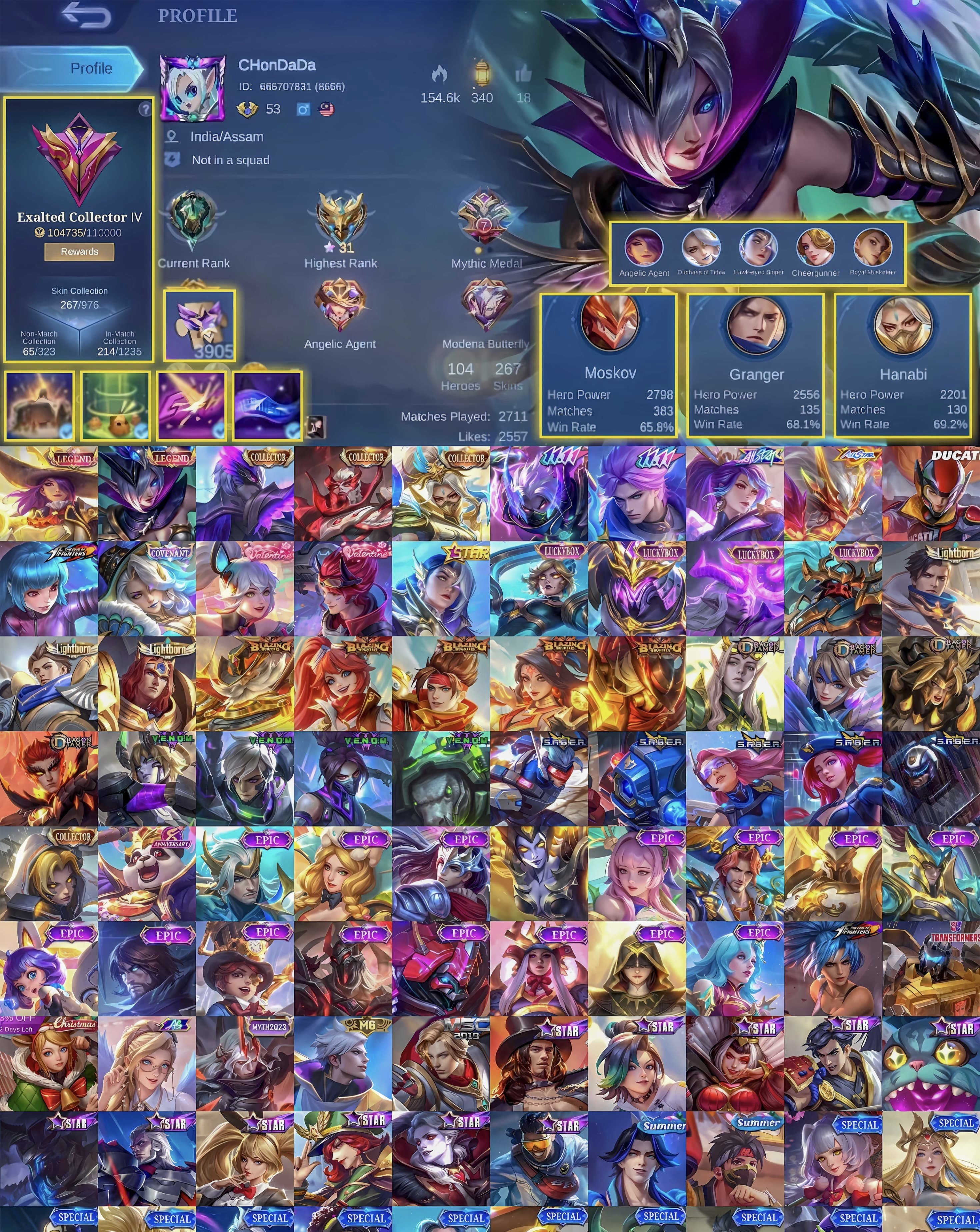 🔥 LEGENDARY | LEGEND Mia Leslie❤️🔥COLLECTOR Hanabi Chong Gossen🖤11.11 Nolan Hayabusa🤍, Sale, Rank: Epic, Level: 53, Winrate: 60%, Heroes: 104, Skins: 267
