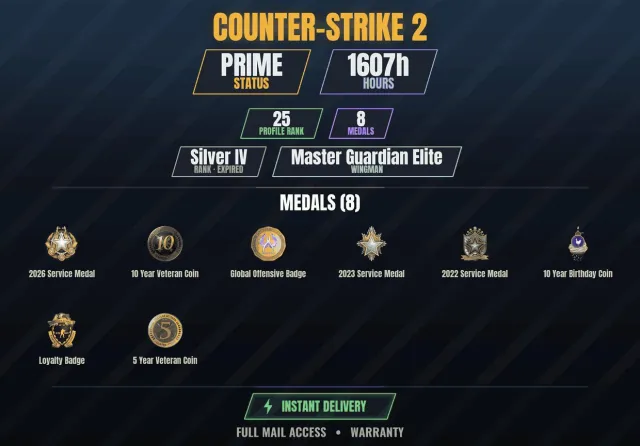 【CS2 Prime🏆1600h🎮8 medals】 10 Year Anniversary Coin, 10 Year Veteran Coin, 2022 Service Medal, Sale, With inventory, Has PRIME