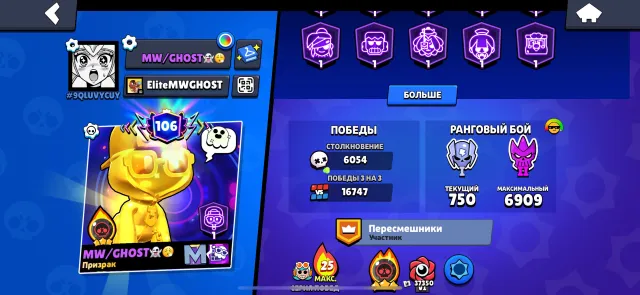 ⭐️107 out of 108⭐️ 🏆107856🏆 ☄️METEORIC GLORY 3☄️👕446 EXPENSIVE SKINS👕 💪101-11-X POWER💪, 107856 trophies, 107 brawlers, 106 primes