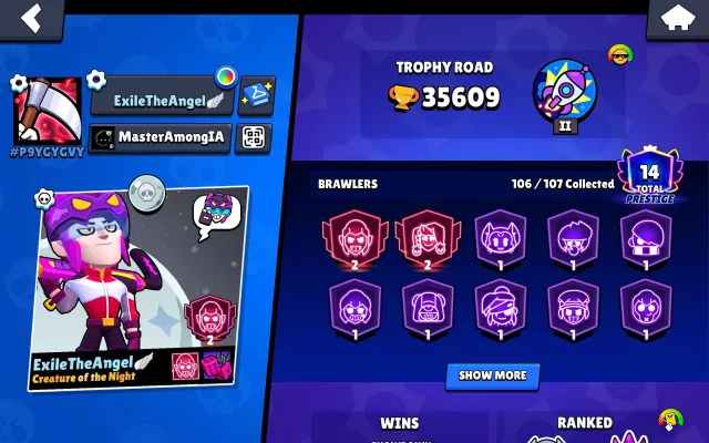 Brawl Stars account from 2020 VERY FAT💲💵💸💹, 36000 trophies, 106 brawlers, 14 primes