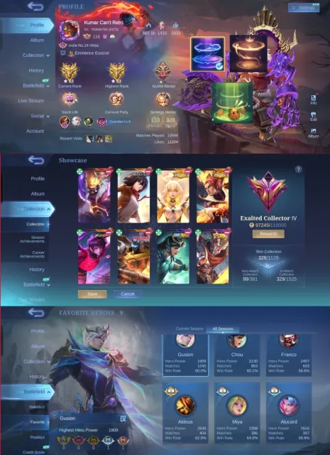 👑 Franco Legend 👑 Fanny AOT ⚡ Beatrix Prime 💖 Yu Zhong Prime 🏍️ Dyrroth KOF 🎯 2x Epic Recall, Sale, Rank: Mythic, Level: 116, Winrate: 58%, Heroes: 133, Skins: 328