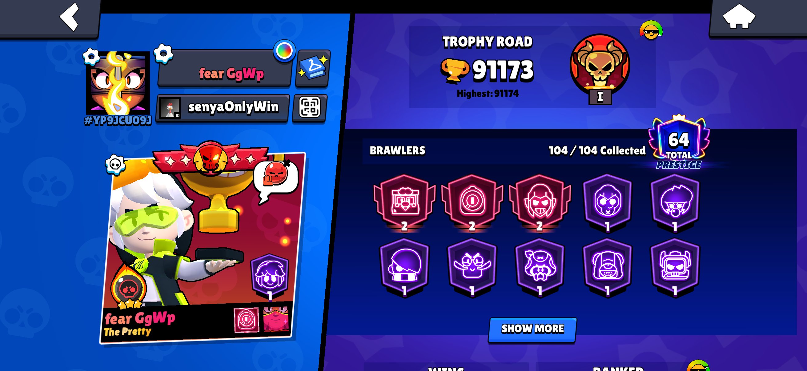 Full account, all gipercharges, trophies 91000, brawlers 104, primes 64