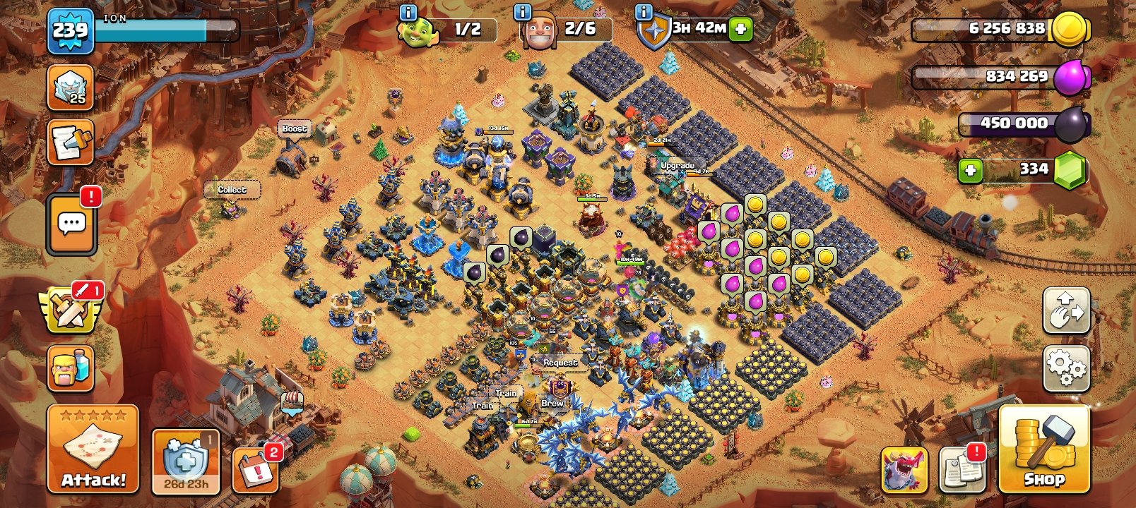 🟥⬛🛑Th 18 98% MAX🛑⚫XP 240🛑⚫Heroes Level-K105/Q105/MP75/W80/RC55🛑⚫Gems 385🛑⚫With Gmail🛑⚫Full Access🛑, 18 TH Main Village