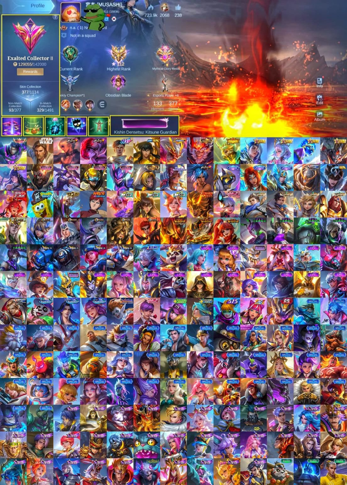 👑 Alucard Legend 🥊 Chou 🥊 Gusion KOF 🐵 Sun Collector ♎ Chou Libra 🎭 Gusion 11.11 ⭐ Moskov All-Star, Sale, Rank: Mythical Immortal, Level: 104, Winrate: 55%, Heroes: 133, Skins: 377