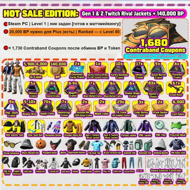 PUBG Steam | 1,680 Coupons | 5,900–6,000 G-Coin | 140K BP | Twitch Rivals Gen 1&2 | aespa x17 #30, Нет BATTLEGROUNDS Plus