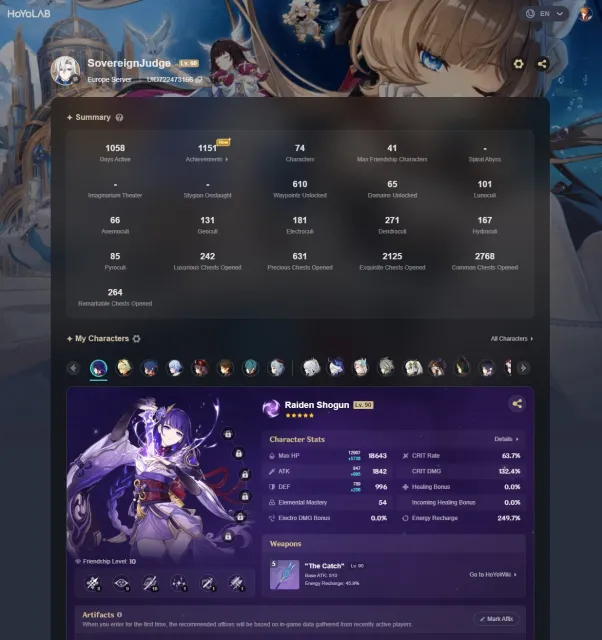 #GE1206 Europe AR60 | LEGS:67 | Neuvilette C6+Zhongli+Furina+Alhaitham+Nahida+Cyno+Tighnari, Any platform, Email linked, Lumine, Levelled up, AR 60