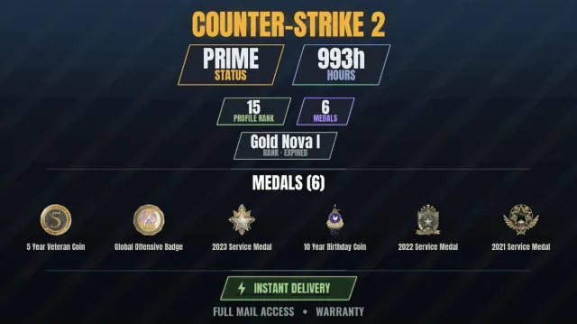 【CS2 Prime👑993h✨6 medals】 10 Year Anniversary Coin, Service Medal 2021, Service Medal 2022, Sale, With inventory, Has PRIME