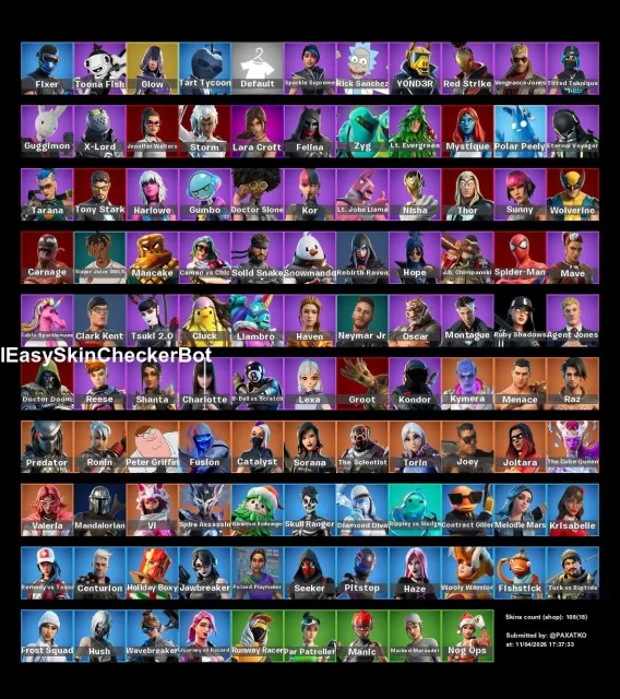 💥OLD ACC💥GLOW💥Tony Stark💥Laugh it up💥Lara Croft💥Spider man💥 Mandolorian💥450 vb💥👻💖, Sale, skins 108
