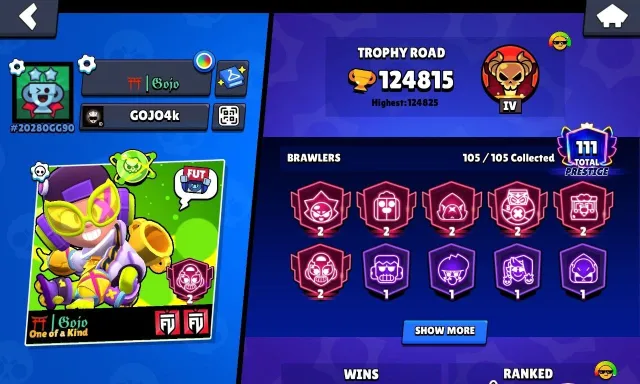 SELLING A FAT ACCOUNT 120K+ TROPHIES, 124815 trophies, 105 brawlers, 111 primes