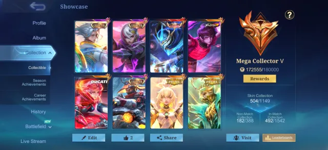 COLLECTOR LSS NATHAN BENEDICTA🔥BENEDICTA DUCATI🔥LEG GOOSE🔥DARIUS KARINA COFFEE🔥ASP RUBY🔥3 PRIME, Sale, Rank: Legend, Level: 185, Win rate: 51%, Heroes: 133, Skins: 504
