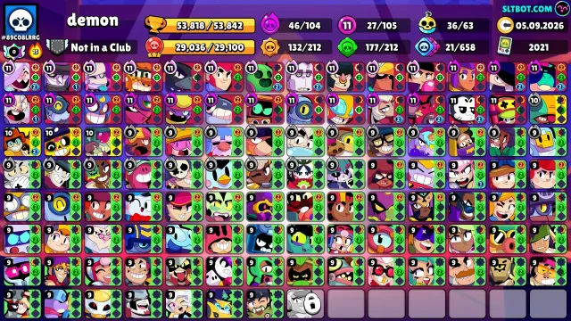 🔥TOP ACCOUNT 💎1186 GEMS💎 🔥2021 YEAR 47 HYPERS, 53818 trophies, 105 brawlers, 7 primes