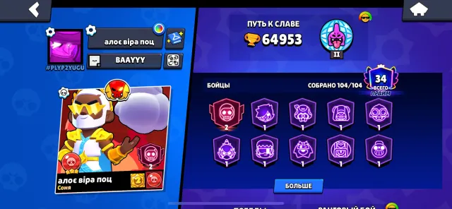 good account, trophies 64953, brawlers 104, primes 34