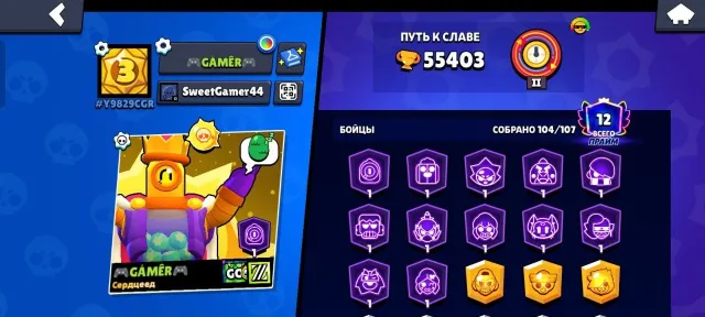 🔥 Fat account since 2021 — Brawl Stars! 🤩 Lots of resources 🍉 Juicy price — check description! 😎, 55 trophies, 104 brawlers, 12 primes