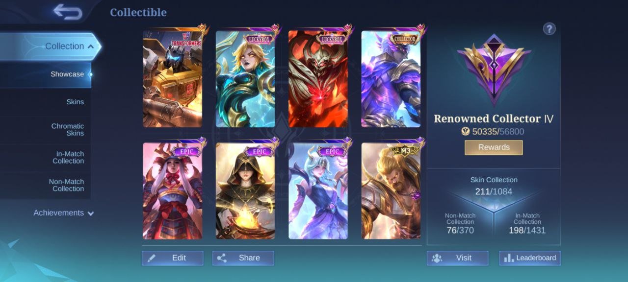 collector GUSION>LUCKYBOX Zhask edoura>15 dulexe>EPIC Lunox FREYA kagura>emblem max>EPIC Recall, Sale, Rank: Mythic, Level: 69, Winrate: 55%, Heroes: 112, Skins: 211
