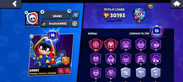 Brawl Stars account with a good history, 30193 trophies, 75 brawlers, 14 primes
