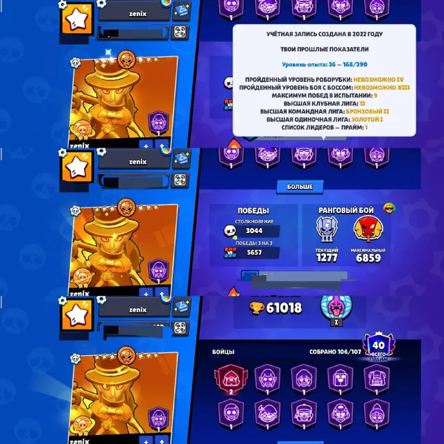 2022 account, free nickname change, 49 level 11s, leg ranked and a lot of exclusive cosmetics, 61018 trophies, 106 brawlers, 40 primes