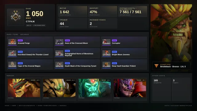 ✨Guardian 2 ≈ 1050 MMR✅7561 HONOR✅✨skins✨⚔️44 trophies⚔️🎯2 TOKENS, Sale, 1050 MMR, 7561 honor, 7561 politeness, 1642 matches, 1893 hours