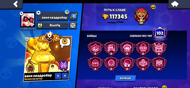 Brawl Stars account, 117000 trophies, 107 brawlers, 102 primes