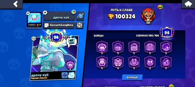 Auto-distribution 100k total, 26-11 power, 40k coins, account from 2022, 100324 trophies, 100 brawlers, 94 primes
