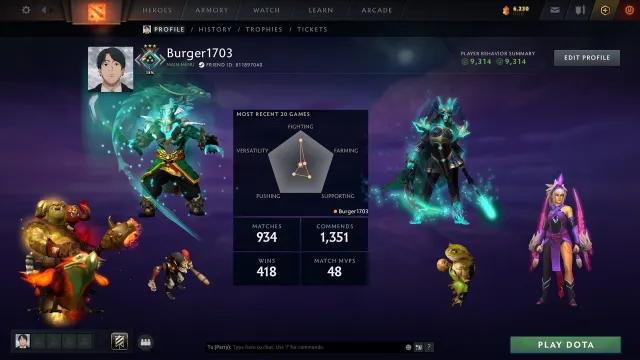 Рыцарь | Аркана OM · PA · Juggernaut | Личность Anti-Mage | 1100 скинов | 9K порядочность, Продажа, 1876 MMR, 9314 порядочности, 9314 вежливости, 934 матчей, 1174 часов