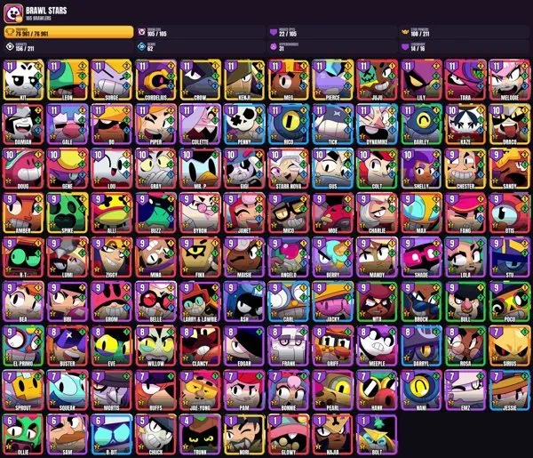 105 brawlers 💎 22 max 🎯 77K trophies💎Volt💎Kendzi💎Meg💎Leon💎Sandy💎Piers💎Nori💎Cordelius, 76961 trophies, 105 brawlers