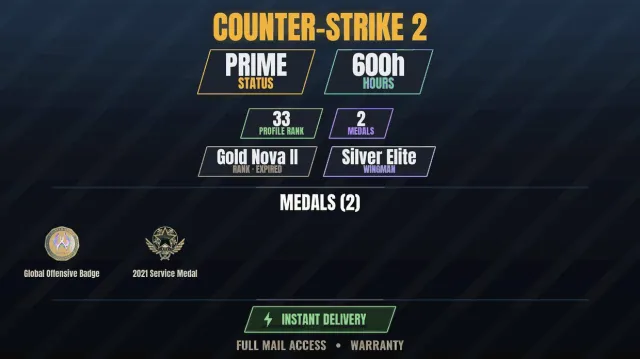 【CS2 Prime💠600h💎2 medals】 Service Medal 2021, Global Offensive Badge, Sale, With inventory, Has PRIME