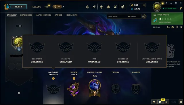 EUW 🌎 RANKED READY✅350RP✅ 30 LVL {Unopened Loot} Unverified, Sale, level 30, champions 10, skins 2, Unranked