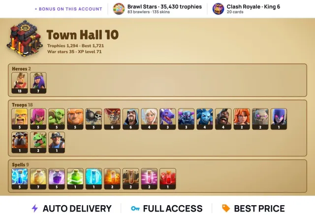 (Android/iOS) 🏆 CoC TH10 🏆 35 war stars 🏆 BK 13 + AQ 7 🏆 + BS 35K trophies 🏆 + CR king 6, 10 TH Native Village