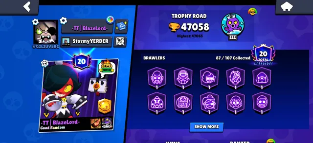Selling a juicy native account, hope it goes to good hands 😁, 47058 trophies, 87 brawlers, 20 primes