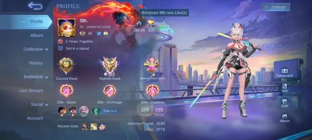 Prime Granger, KOF, Lucky Box Selena Guinevere, Benedetta's Covenant, Valentine Fanny, Global 🔥, Sale, Rank: Mythical Immortal, Level: 75, Win Rate: 60%, Heroes: 105, Skins: 195
