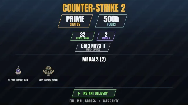 CS2 Prime✨500h🏆2 medals Anniversary coin 10 years, Service medal 2021, Sale, With inventory, Has PRIME