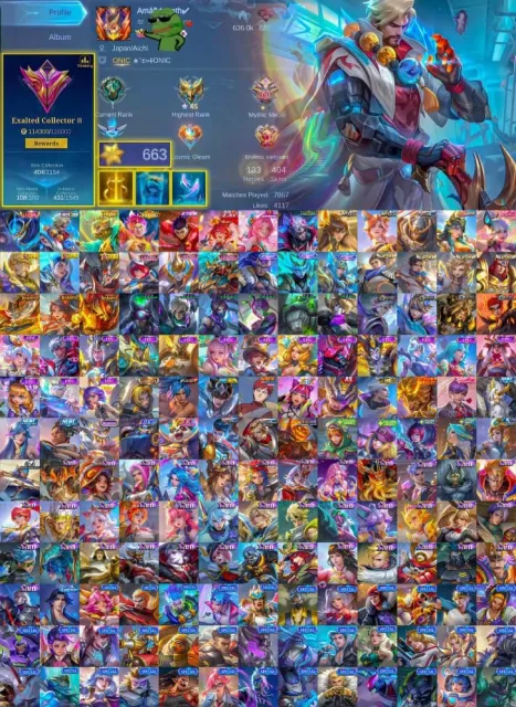 🔥 Exalted 3✨ Gusion Legend ✨ Roger Metro ✨ Claude Prime ✨ Granger Prime ✨ Chou STUN, Продажа, Ранг: Мифическая честь, Уровень: 85, Процент побед: 70%, Герои: 133, Облики: 404