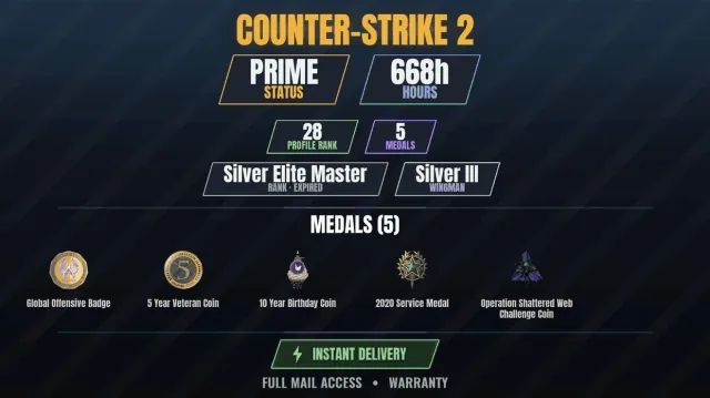 【CS2 Prime✨668h🏆5 medals】 10 Year Anniversary Coin, Service Medal 2020, Operation Shattered Web, Sale, With inventory, Has PRIME