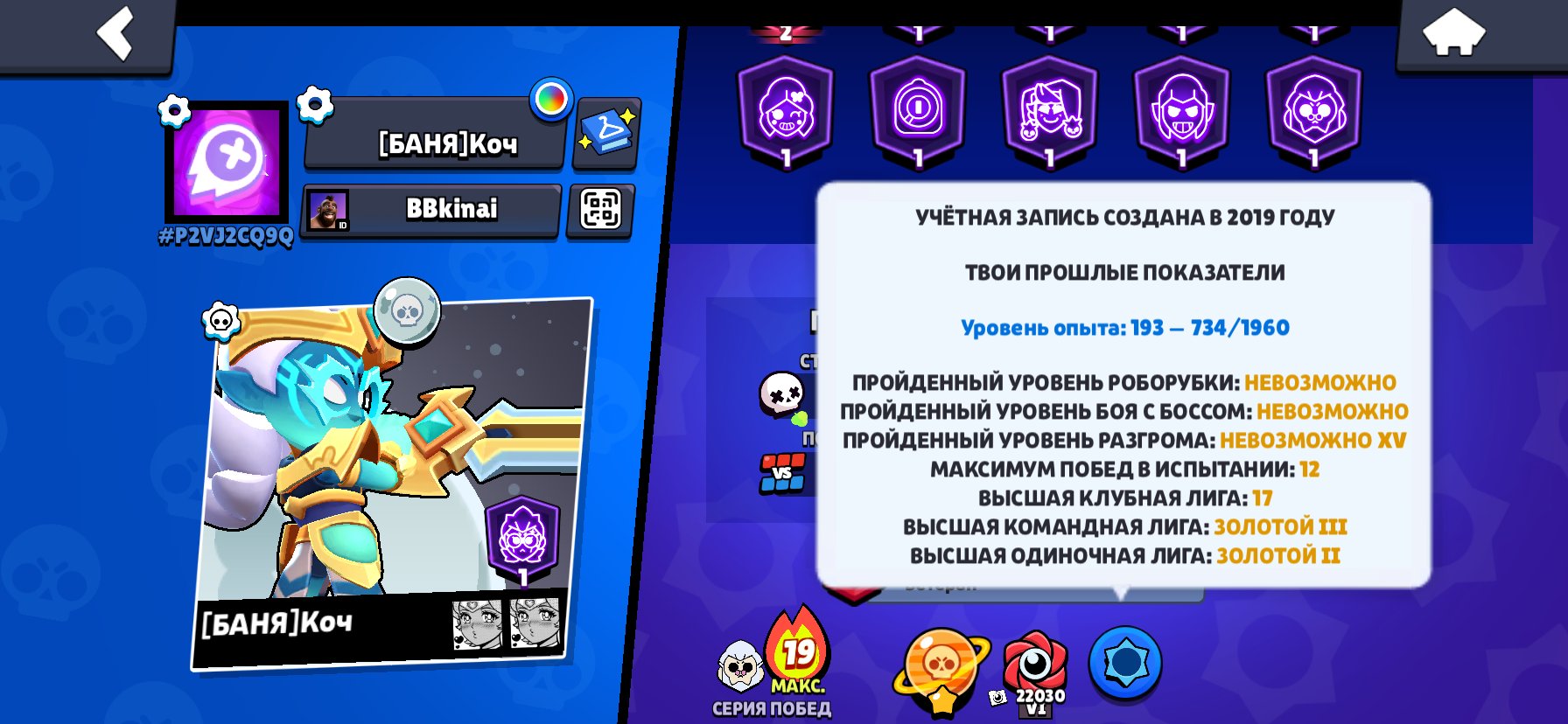 46000 cups, 333 skins, 2019 account, 20 primas, All brawlers, trophies 46400, brawlers 104, primes 20