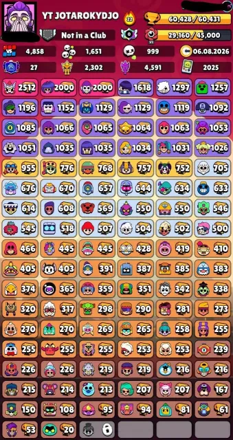 🎅📌60,400🏆🌟104👤70 HYPERAS27 11 STRENGTHS🪙280 SKINS ~26K GEMS🎎27 TITLES🏆💮38 BUFFS❇️🔰〔NICK CHANGE 60〕🔰, trophies 60400, brawlers 104, primes 27