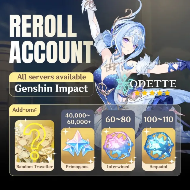 Odette + 48K-52K Primogems/103 Acquaint/60 Intertwined, Any platform, Email not linked, Any, Levelled up, AR 55, Standard 103, Primogems 55