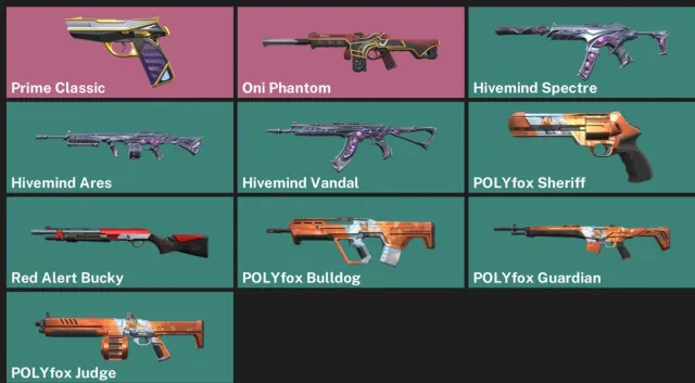 [AP] 10 Skins | Prime Classic | Demon Phantom | POLI-Lis Bundle | Inv. Value 725 VP | Ranked Ready, Sale, Calibration, Agents: 4, Skins: 10